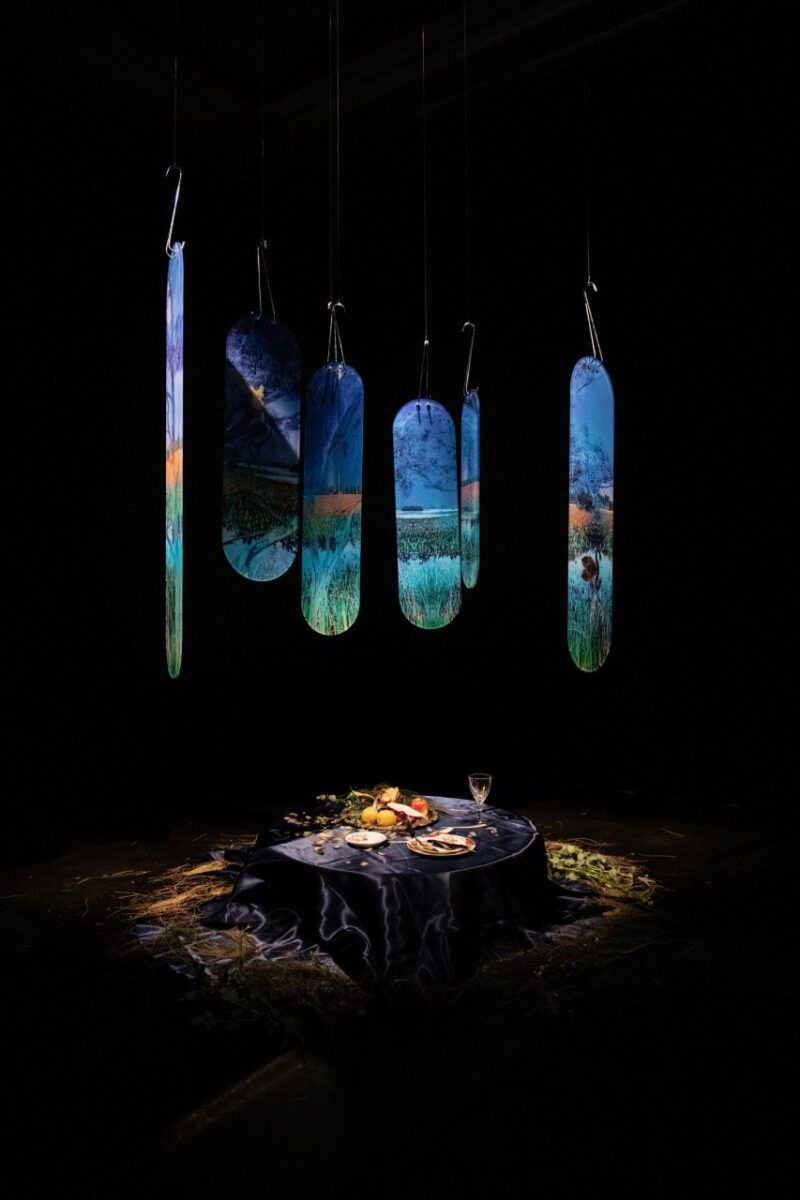 A gallery installation of photo panels above a table.