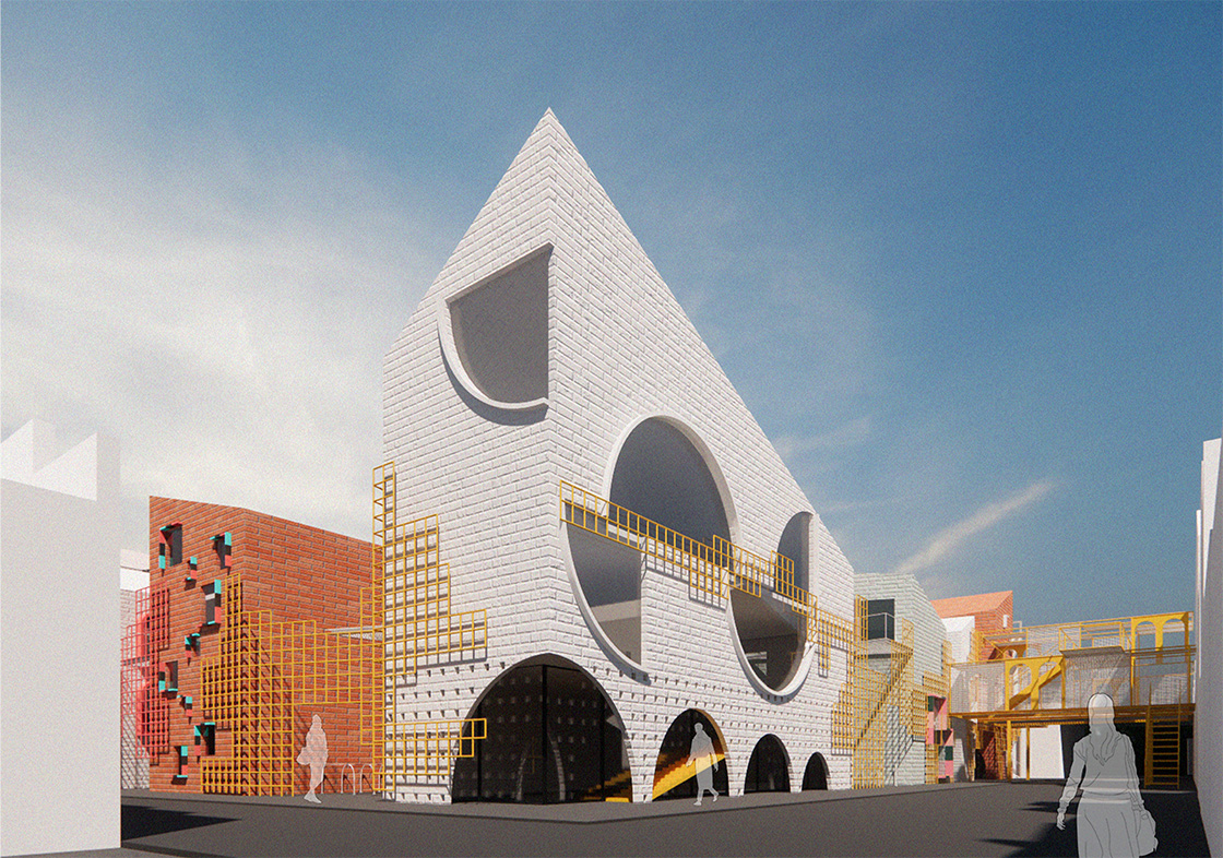 An architect's drawing of an angular white building against the blue sky.