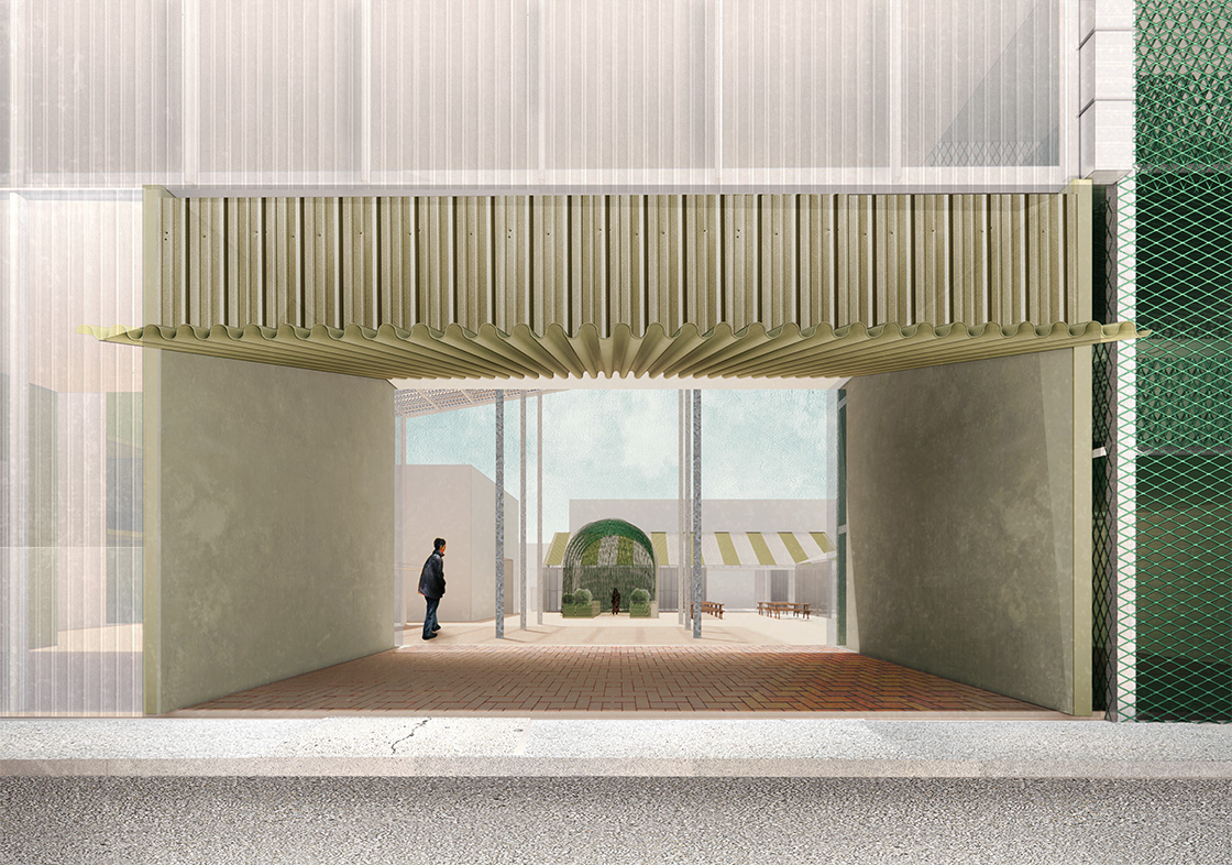 An architect's drawing of an undercover walkway.