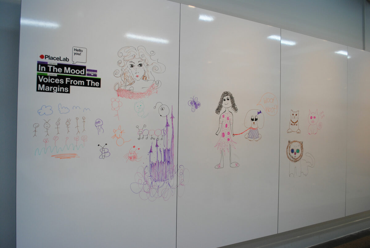 A white board features drawings.